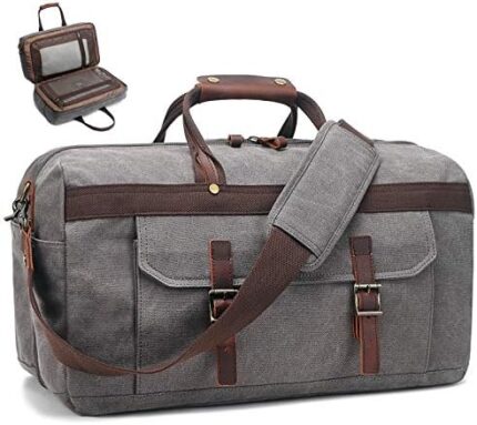 Duffle Bag for Men Waterproof Genuine Leather Canvas Travel Duffel Bags for Women Overnight Weekender Bag for Traveling, Grey