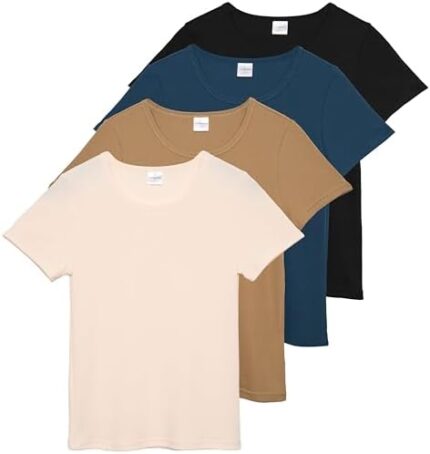 Real Essentials 4 Pack: Women’s Ribbed Knit Short Sleeve Crew Neck T-Shirt (Available in Plus)