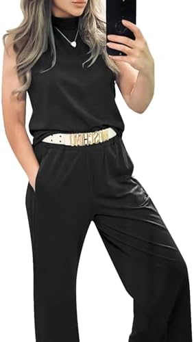 Women’s 2 Piece Business Casual Outfits Sleeveless Wide Leg Tracksuits Summer Lounge Matching Sets S-2XL