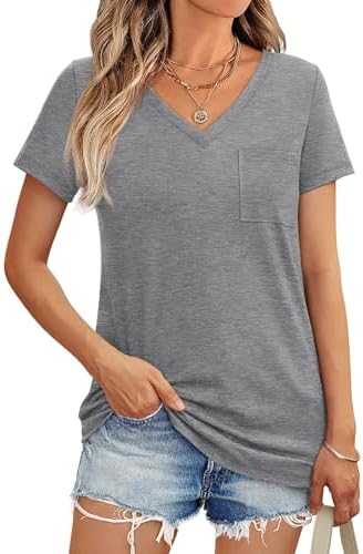 AUTOMET Womens T Shirts Short Sleeve V Neck Tops with Pockets Summer Fashion Trendy Soft Casual Comfy Outfits Clothes 2024