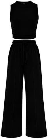 BTFBM Women Summer 2 Piece Outfits Ribbed Knit Crew Neck Sleeveless Cropped Top Elastic Waist Wide Leg Pants Lounge Set