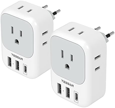 2 Pack European Travel Plug Adapter USB C, TESSAN US to Europe Plug Adapter with 4 Outlets 3 USB Charger (1 USB C Port), Type C Power Adaptor to Italy Spain France Portugal Iceland Germany, white gray 2 Pack European Travel Plug Adapter USB C, TESSAN US to Europe Plug Adapter with 4 Outlets 3 USB Charger (1 USB C Port), Type C Power Adaptor to Italy Spain France Portugal Iceland Germany, white gray