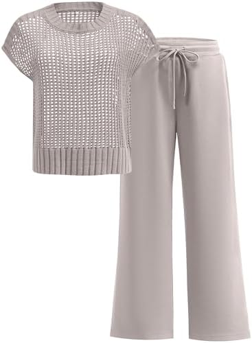 ANRABESS Women Two Piece Outfits Crochet Sheer Knit Sweater Top Wide Leg Pants Lounge Matching Sets Sweatsuit Travel Clothes
