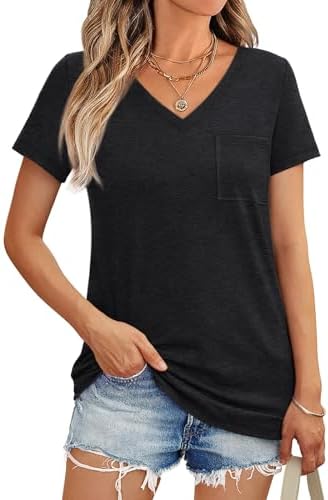 AUTOMET Womens T Shirts Short Sleeve V Neck Tops with Pockets Summer Fashion Trendy Soft Casual Comfy Outfits Clothes 2024