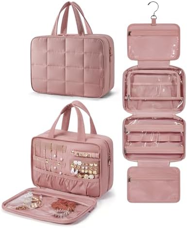 BAGSMART Travel Toiletry Bag with Jewelry Organizer, Hanging Travel Bag for Toiletries, Puffy Makeup Cosmetic Bag Organizer, Carry-on Travel Accessories Essentials, Dark Pink-L