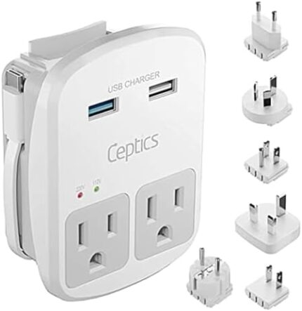 Ceptics Universal Travel Adapter Kit – 2 USB, USB-C Cord+2 US Outlets QC 3.0, Surge Protection, Plugs for Europe, UK, China, Australia, Japan – Perfect for Laptop, Cell Phones, Cameras,Safe ETL Tested