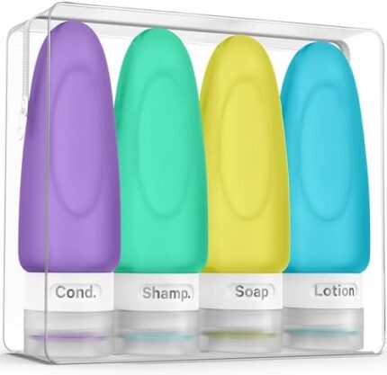 Dot&Dot Leak Proof Travel Bottles for Toiletries – 4 Pack Silicone Travel Toiletry Bottles – Travel Shampoo and Conditioner Bottles with TSA Quart Bag – 3 oz Travel Size Bottles
