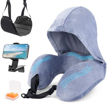 Hoodie Travel Pillow, Adult Airplane Pillow for Head Rest Neck Support, Includes Travel Pillow, Airplane Phone Holder Mount, Foot Hammock, Earplugs for Travel, 4Pc Travel Kit(Mist, L)