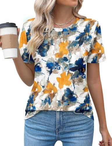 Kistore Womens Casual Crew Neck Short Sleeve Pleated Tops Blouses Fashion Clothes 2024