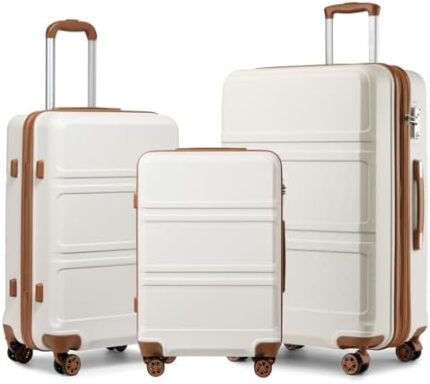 Kono 3 Piece Luggage Sets Expandable(only 28″) Lightweight with Spinner Wheels TSA Lock Hardside Travel Rolling Suitcases 20in 24in 28in Carry on Cream White