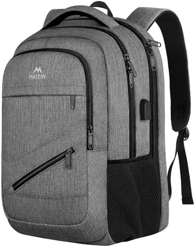 MATEIN Travel Laptop Backpack, 17 inch Business Flight Approved Carry on Backpack, TSA Large Computer Backpack for Men Women with USB Port & Trolley Sleeve, College School Rucksack Book Bag, Grey