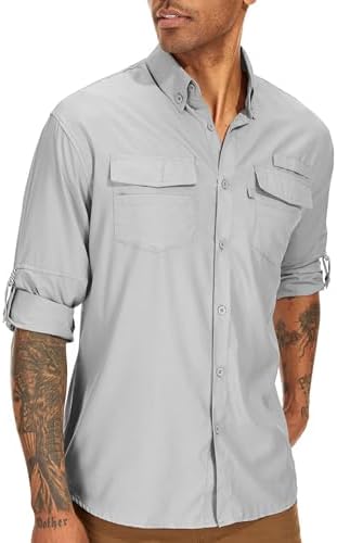 Mens Safari Shirts Long Sleeve Fishing Shirt Sun Protection UPF 50 UV Quick Dry for Hiking Outdoor Camping Travel
