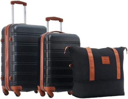 Merax Luggage Sets 2 Piece Expandable Hardside Luggage with Travel Bag Suitcase Set with Spinner Wheels(20+24+bag,Black+Brown-1)