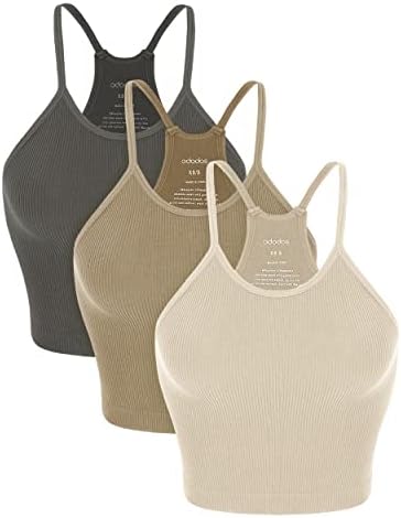 ODODOS Women’s Crop 3-Pack Washed Seamless Rib-Knit Camisole Crop Tank Tops