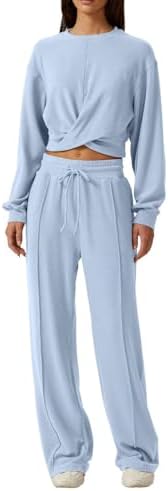 QINSEN Women 2 Piece Outfits Sweatsuit Set Twist Front Cropped Sweatshirt Wide Leg Sweatpant Lounge Set Tracksuit