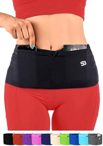 StashBandz Unisex Running Belt, Travel Money Belt, Fanny Pack, Waist Pack for Women and Men, 4 Big Security Pockets and Zipper, Fits All Size Phone, Passport, and More, Extra Wide Spandex