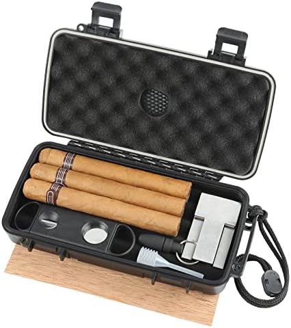 Travel Humidor Box With Cigar Accessories – Spanish Cedar, Humidifier, Cutter, Stand, Punch – Holds 4-5 Cigars – Waterproof, Crushproof, Airtight Seal
