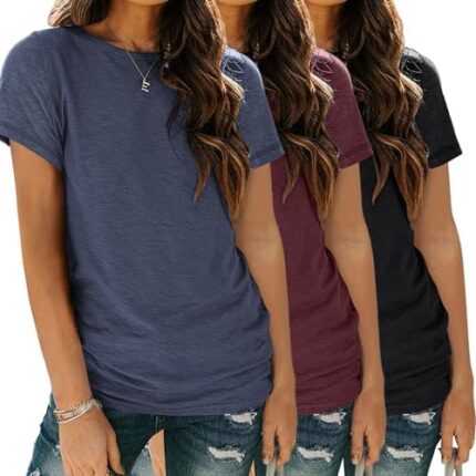 Womens 3 Pack T Shirts Basic Short Sleeve Tees Crewneck Fashion Tops Loose Fit Lightweight Casual Summer Clothes 2024