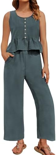 Women’s Summer 2 Piece Sets Sleeveless, Womens Two Piece Outfits Round Neck Tank Crop Top Wide Leg Pants Sets