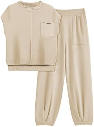Womens Two Piece Outfits Sweater Sets Cozy Pullover Tops and High Waist Pants Trendy Knit Lounge Sets Matching Clothing