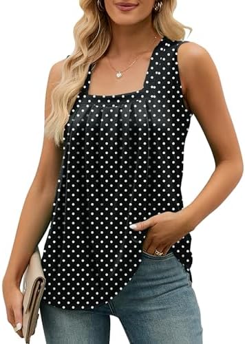 AKEWEI Summer Tank Top for Women Square Neck Sleeveless Tops Flowy Pleated Tunic Loose Fit S-3XL
