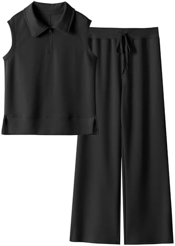 Caracilia Women’s 2 Piece Lounge Sets Summer Casual Outfits Half Zip Lapel Sweatsuits Wide Leg Pants Tracksuits Sweat Sets