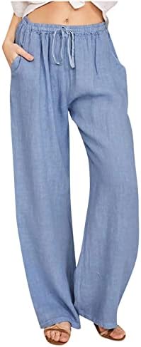 Cotton Linen Pants for Women Lightweight High Waisted Pants Tie Knot Wide Leg Pants Summer Lounge Pants with Pockets