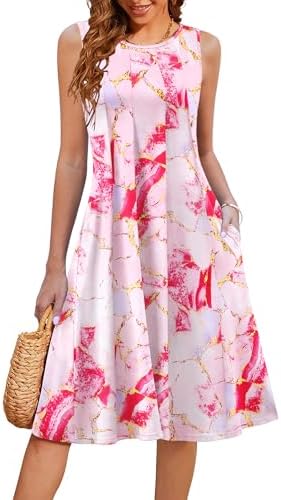 HOTOUCH Summer Casual Dresses for Women Sleeveless Midi Dress Swing Tank Sundress Pleated Tshirt Dress with Pockets