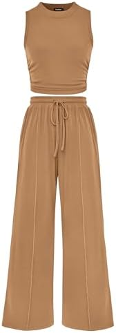 MASCOMODA Womens 2 Piece Outfits 2024 Summer Crewneck Sleeveless Cropped Tank Tops Wide Leg Long Pants Tracksuits Lounge Sets