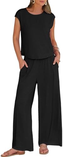 MEROKEETY 2024 Two Piece Outfits for Women Lightweight Matching Lounge Sets Cap Sleeve Top and Elastic Waisted Pants Set