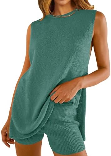 NENONA Women’s Summer Sleeveless Sweater Sets Casual Knit Tunic Tops and Shorts 2 Piece Outfits
