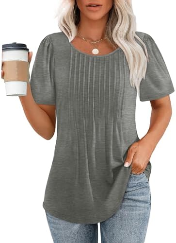 OFEEFAN Womens T Shirts Short Sleeve Pleated Dressy Casual Scooped Neck Summer Tops Blouses