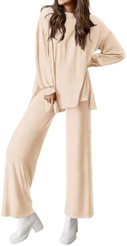 PRETTYGARDEN Womens 2 Piece Outfits Crewneck Long Sleeve Tops Wide Leg Long Pants Casual Lounge Set Tracksuit
