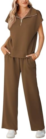 Pink Queen Womens Two Piece Outfits Sleeveless Pullover Tops and Wide Leg Pants Half Zip Jogger Lounge Sets