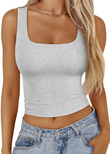 Trendy Queen Womens Square Neck Ribbed Tank Tops Sleeveless Crop Tops Summer Clothes