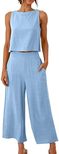 Women’s Cotton Linen 2 Piece Outfits Sleeveless Crop Top Capri Wide Leg Pants Casual Lounge Beach Summer Travel Sets