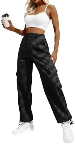 Women’s High Waisted Cargo Pants Travel Y2K Streetwear Baggy Stretchy Pants with 6 Pockets Drawstring Ankle Cuffs