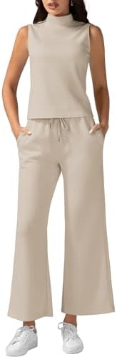 Women’s Summer 2 Piece Outfits Mock Neck Tank Top Cropped Wide Leg Pants Lounge Sets 2024 Fashion Tracksuit