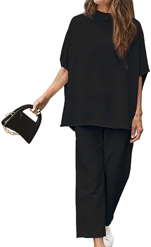 Women’s Two Piece Outfits 3/4 Batwing Sleeve Capelet Crew Neck Pullover Top Wide Leg Pants Lounge Set